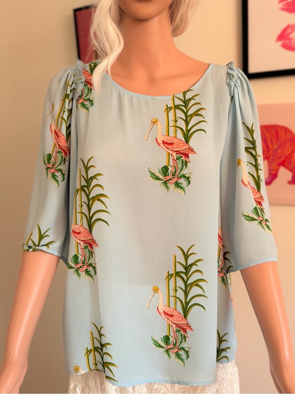 Ann Taylor Light Blue Flamingo Bamboo Blouse Flutter Sleeve Large